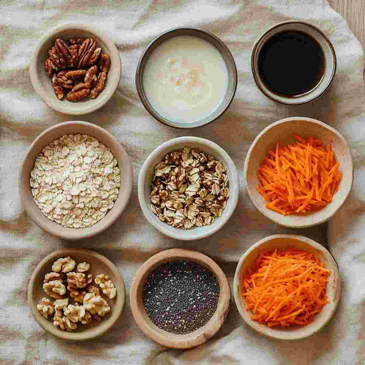 Ingredients for Carrot Cake Overnight Oats including oats, carrot, chia seeds, walnuts, raisins, and spices