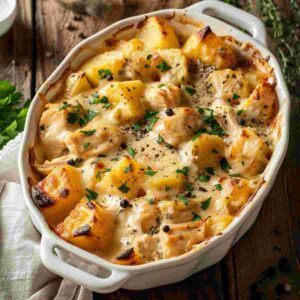 Cheesy chicken and potato bake in a ceramic dish with golden melted cheese and parsley