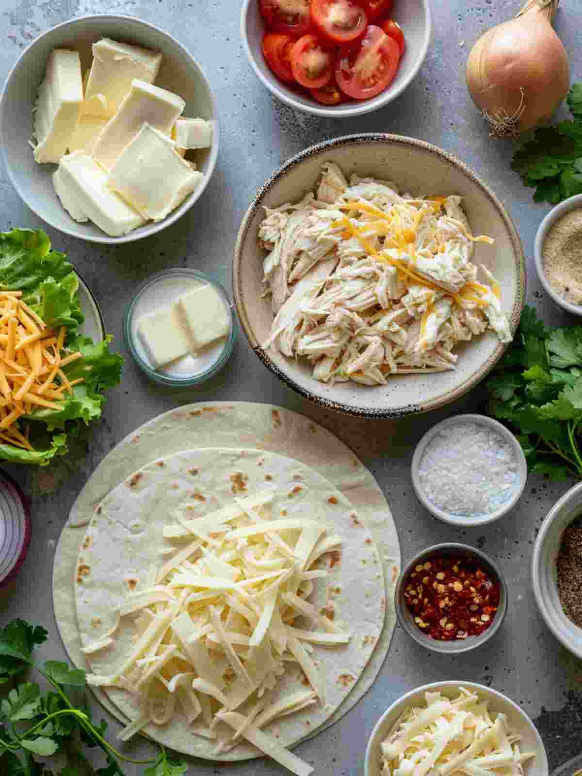  Ingredients for cheesy garlic chicken wraps arranged on a kitchen surface