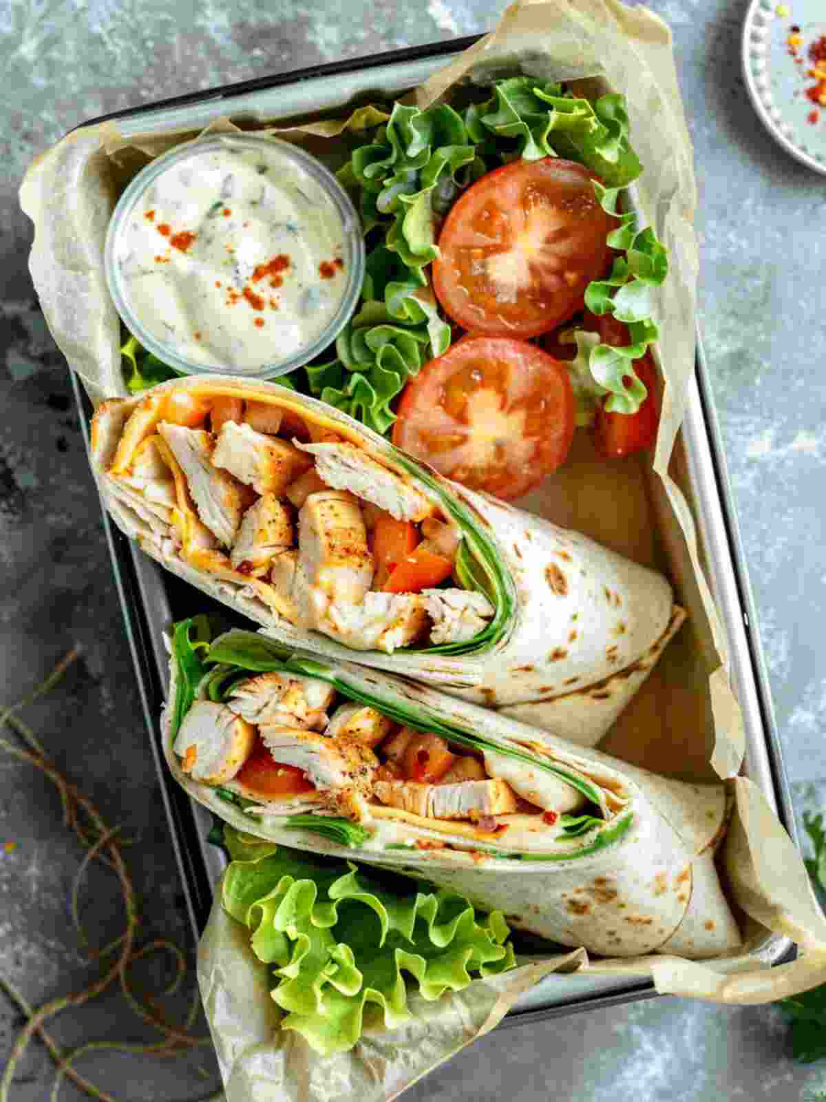  Cheesy garlic chicken wraps packed for lunch with fresh sides