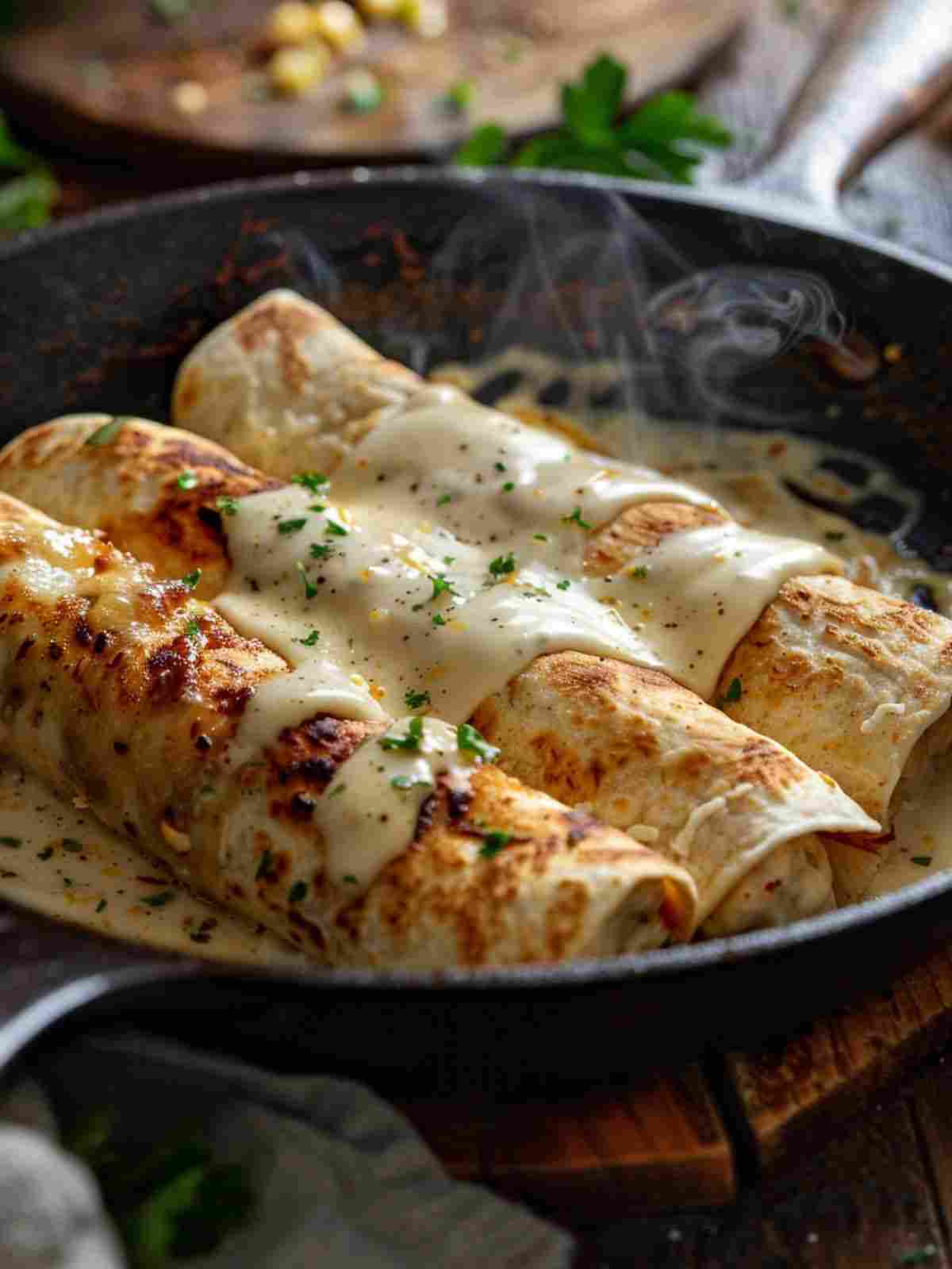 Cheesy garlic chicken wraps toasting in a skillet until golden