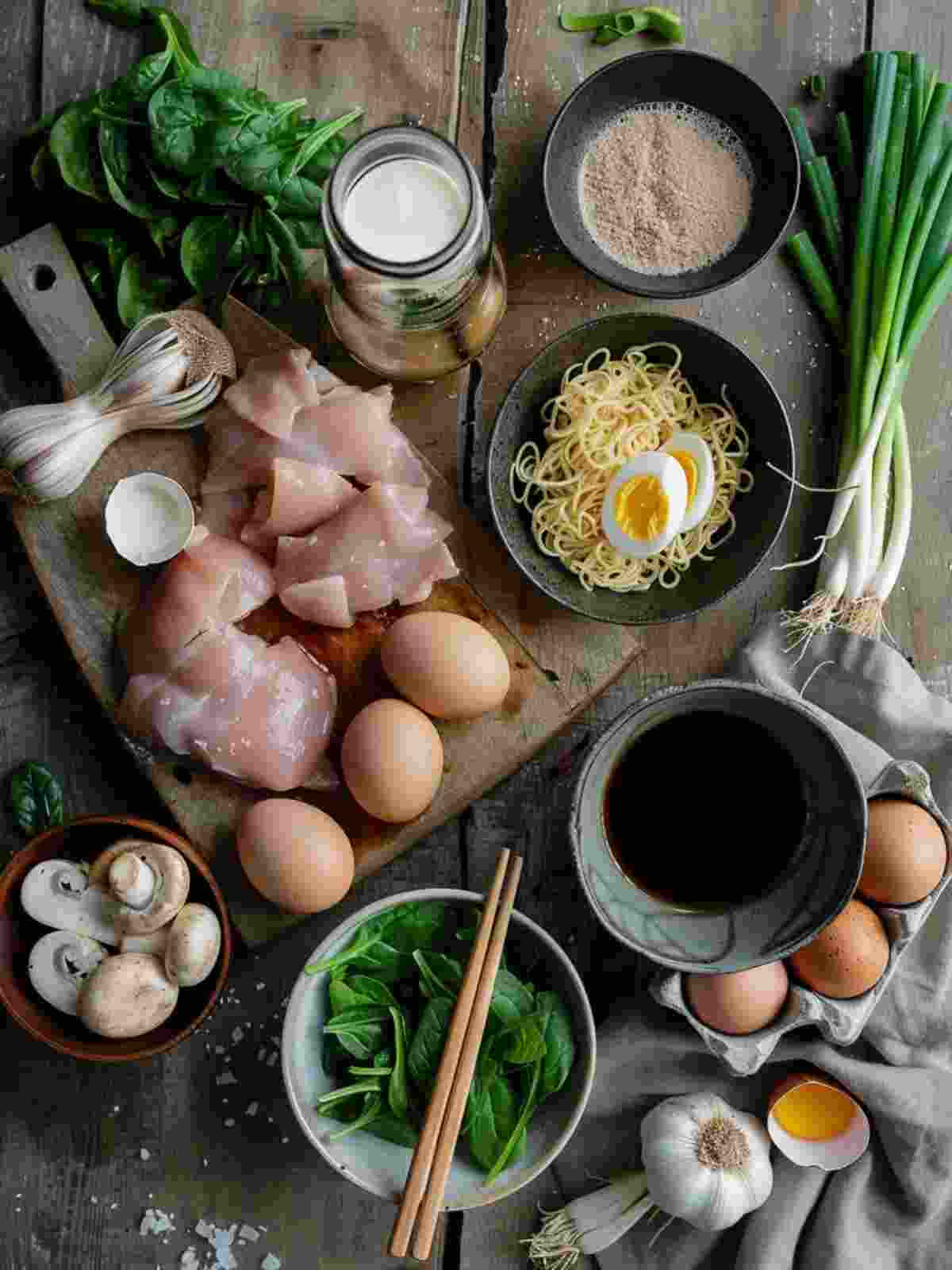 chicken ramen recipe ingredients including chicken, ramen noodles, garlic, ginger, mushrooms, greens, broth, and eggs