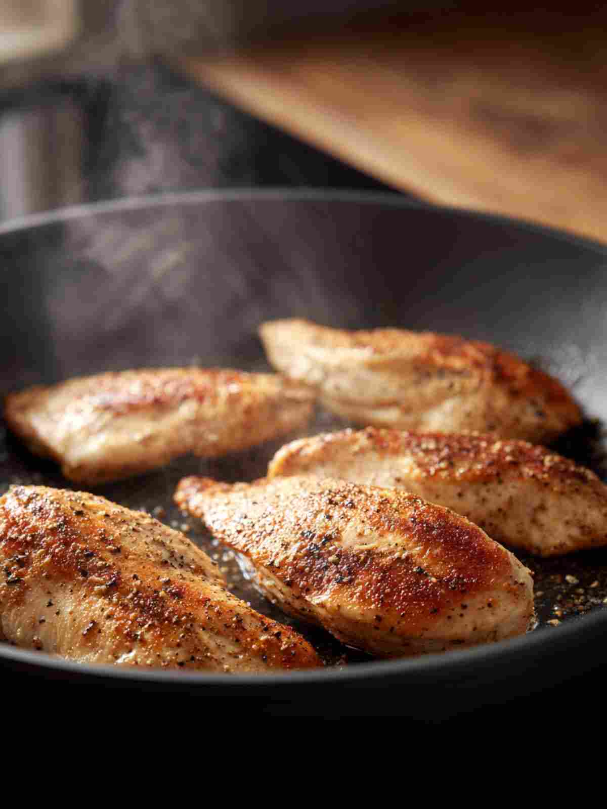 Chicken taco bowl chicken cooking in a skillet with taco seasoning