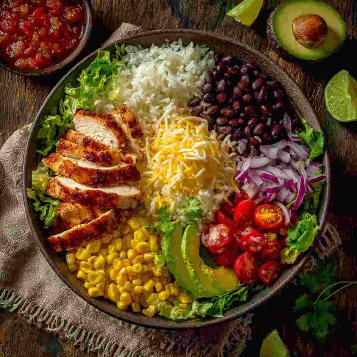 Chicken taco bowl with rice, chicken, black beans, corn, avocado, and salsa