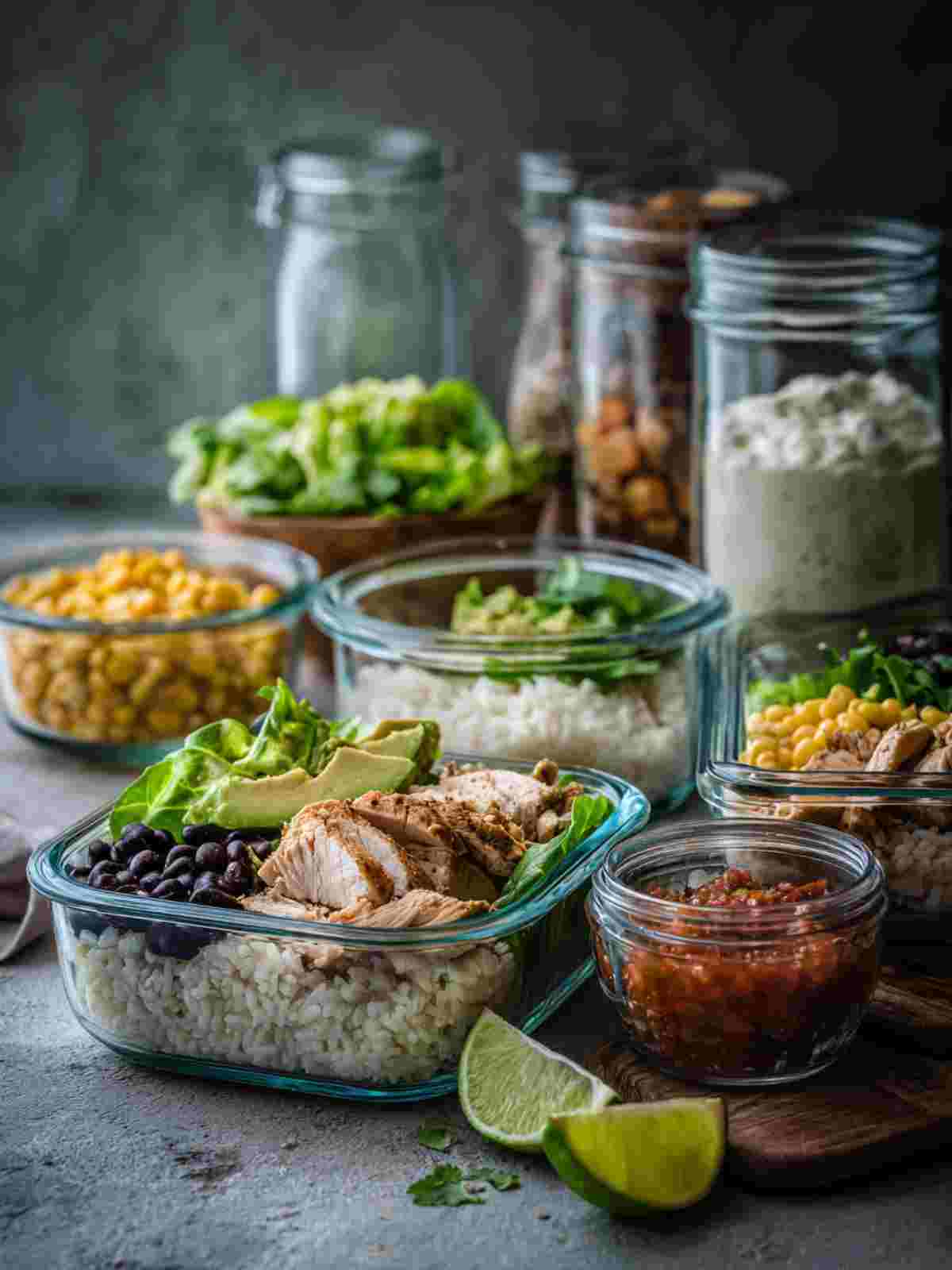 Chicken taco bowl meal prep containers with separated toppings