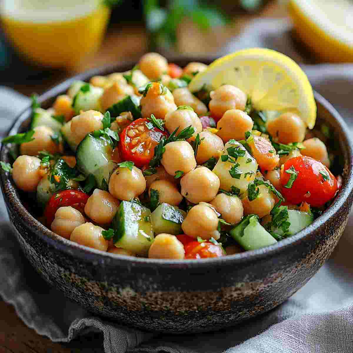 Easy Chickpea Salad vegan recipe in a bowl with cucumber, tomatoes, parsley, and lemon
