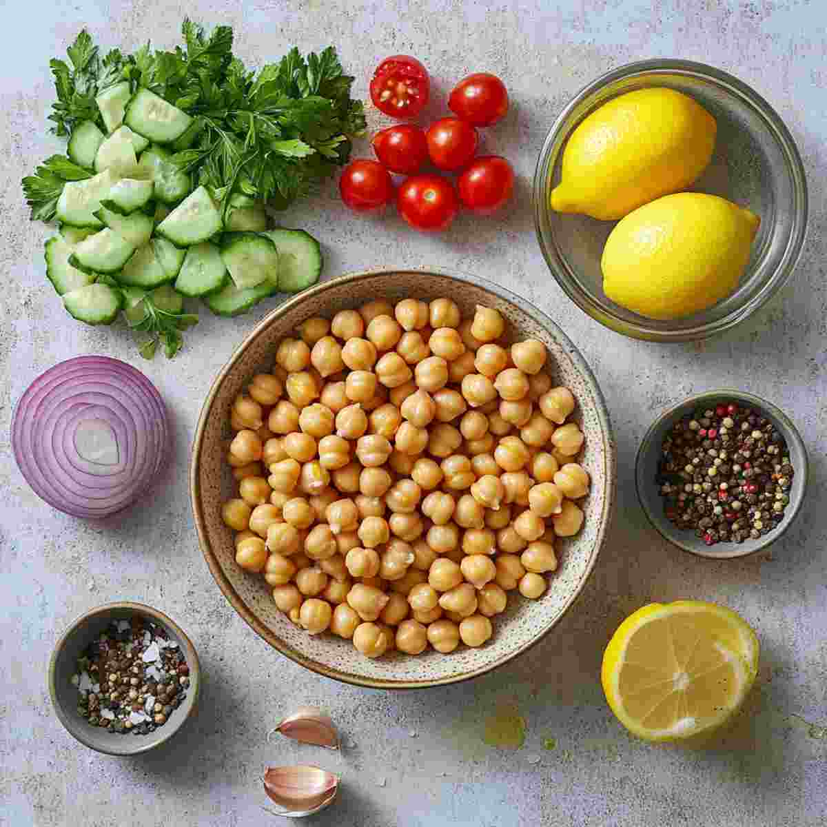 Ingredients for Easy Chickpea Salad vegan recipe including chickpeas, cucumber, tomatoes, parsley, lemon, and olive oil