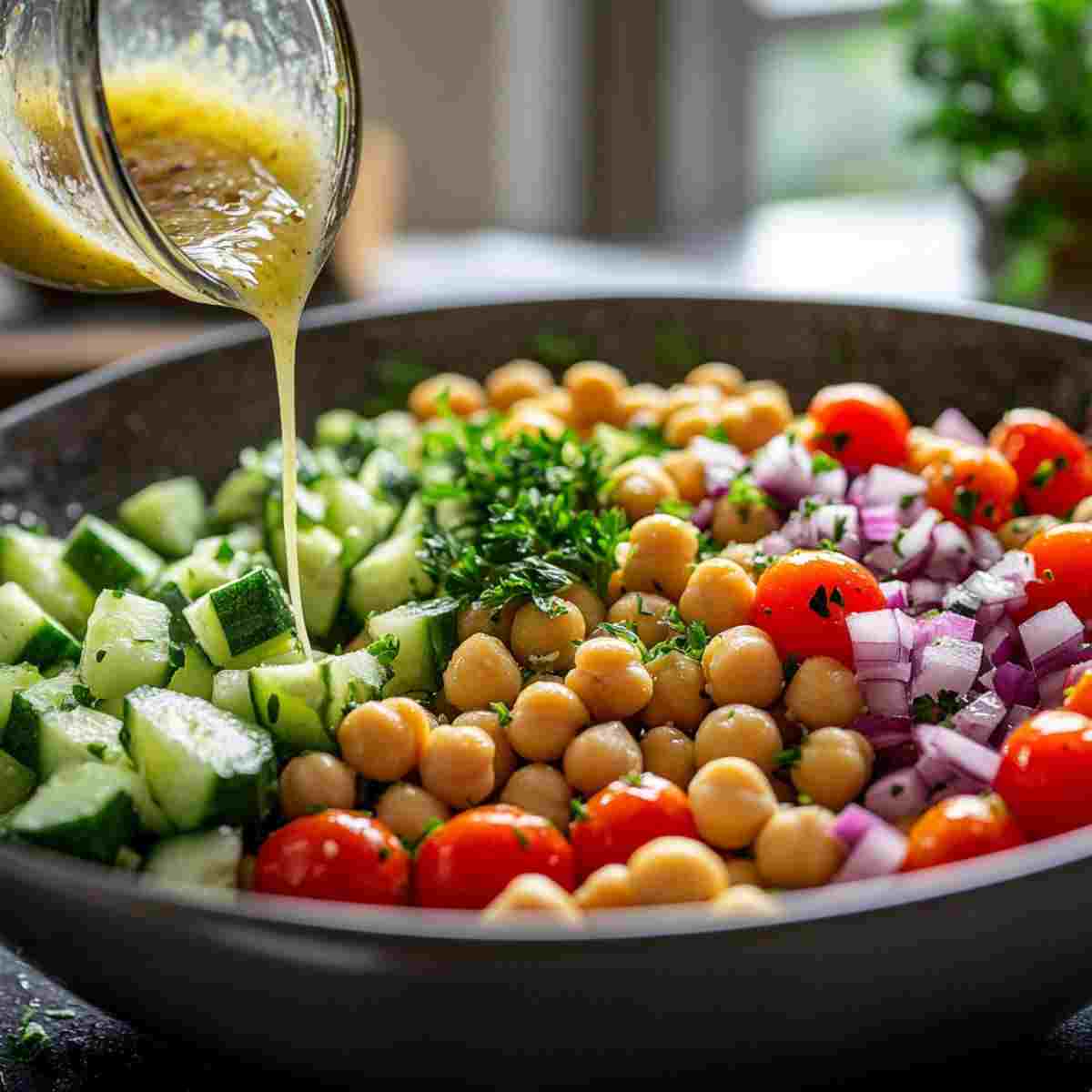 Easy Chickpea Salad vegan recipe being mixed in a bowl with lemon dressing and fresh vegetables