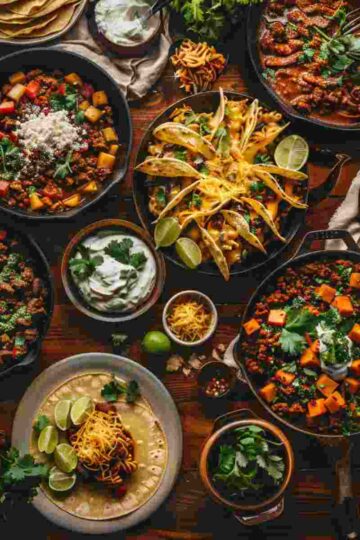 Easy ground beef recipes spread with tacos, pasta, skillet beef, and bowls on a rustic table.
