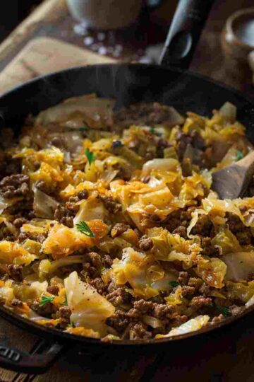 Ground beef cabbage recipe cooked in a skillet with tender cabbage and seasoned beef