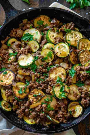 Ground beef zucchini skillet in a rustic pan for an easy low carb dinner