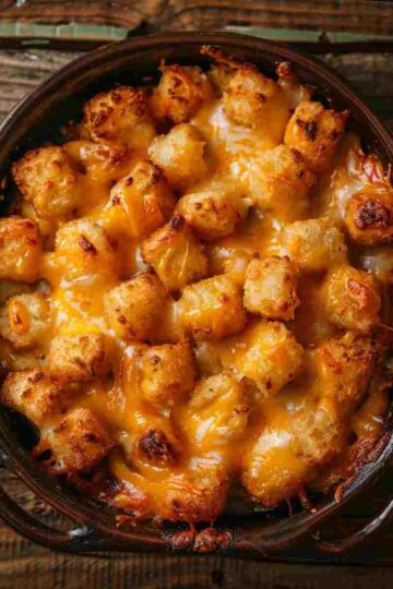 Hearty cowboy casserole recipe with crispy tater tots and melted cheese