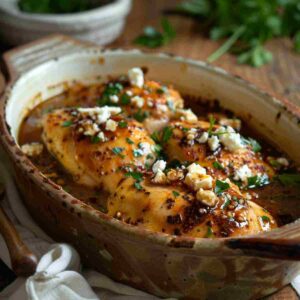Hot honey feta chicken served in a rustic dish with glossy glaze, crumbled feta, and fresh herbs.