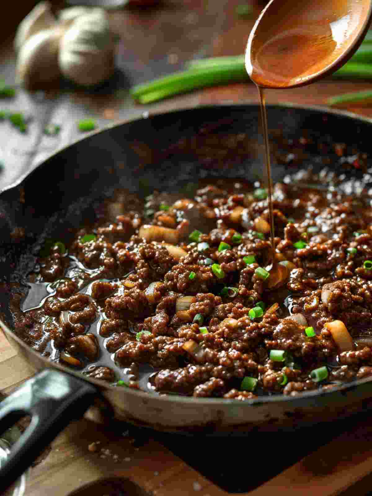 Korean Ground Beef cooking in a skillet with a sweet and savory sauce