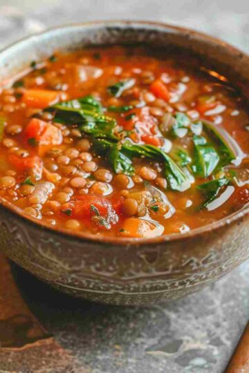 Lentil tomato stew in a bowl with red lentils tomatoes and spinach