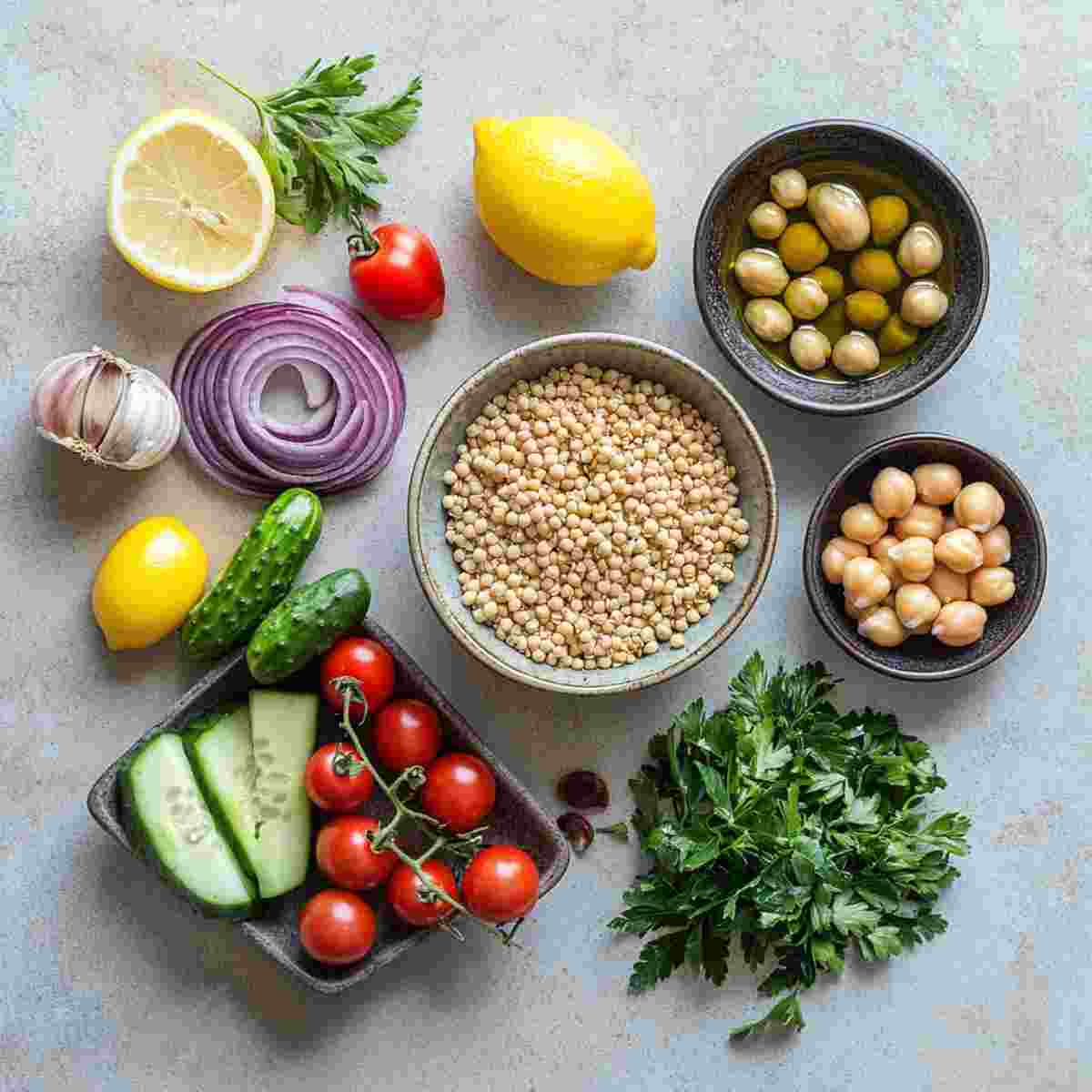 Vegan burrito bowl ingredients including rice, black beans, peppers, corn, avocado, salsa, and lime