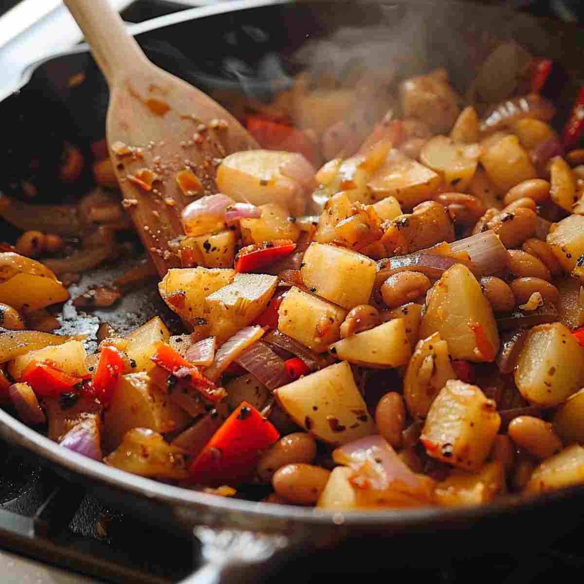 Potato bean skillet cooking in a pan with potatoes peppers onions and beans