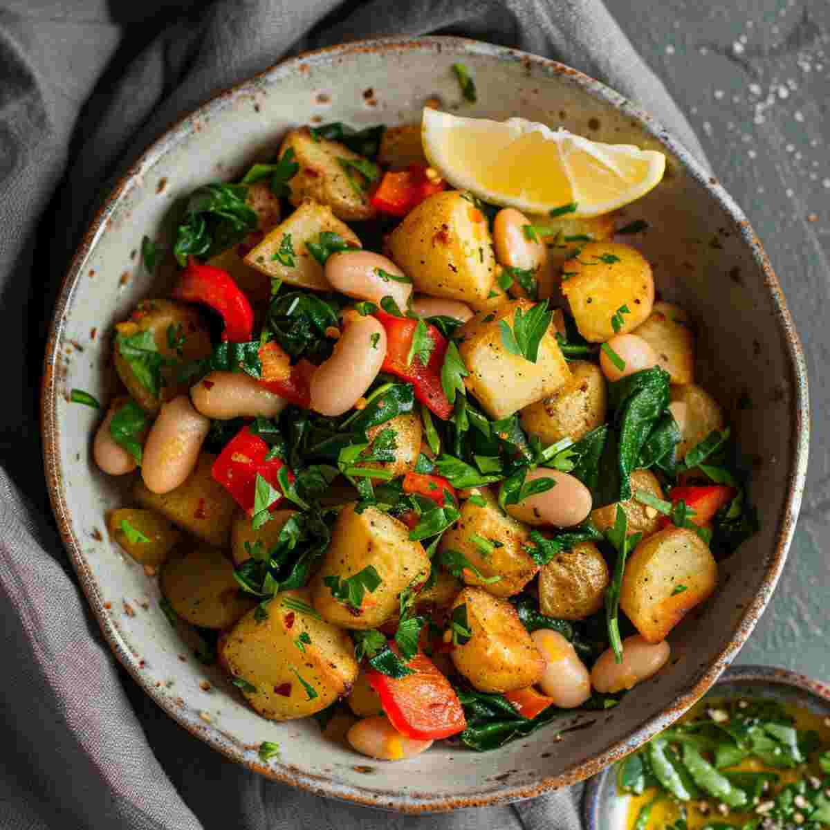 Potato bean skillet with golden potatoes white beans and spinach in a skillet