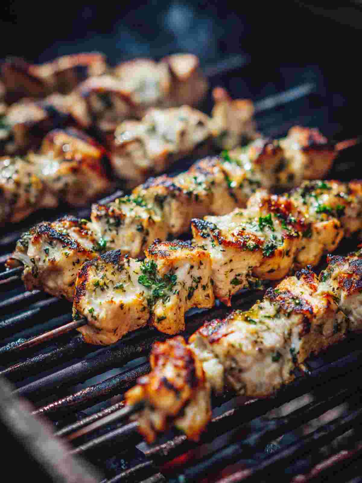 Ranch garlic parmesan chicken skewers cooking on a grill with light char marks