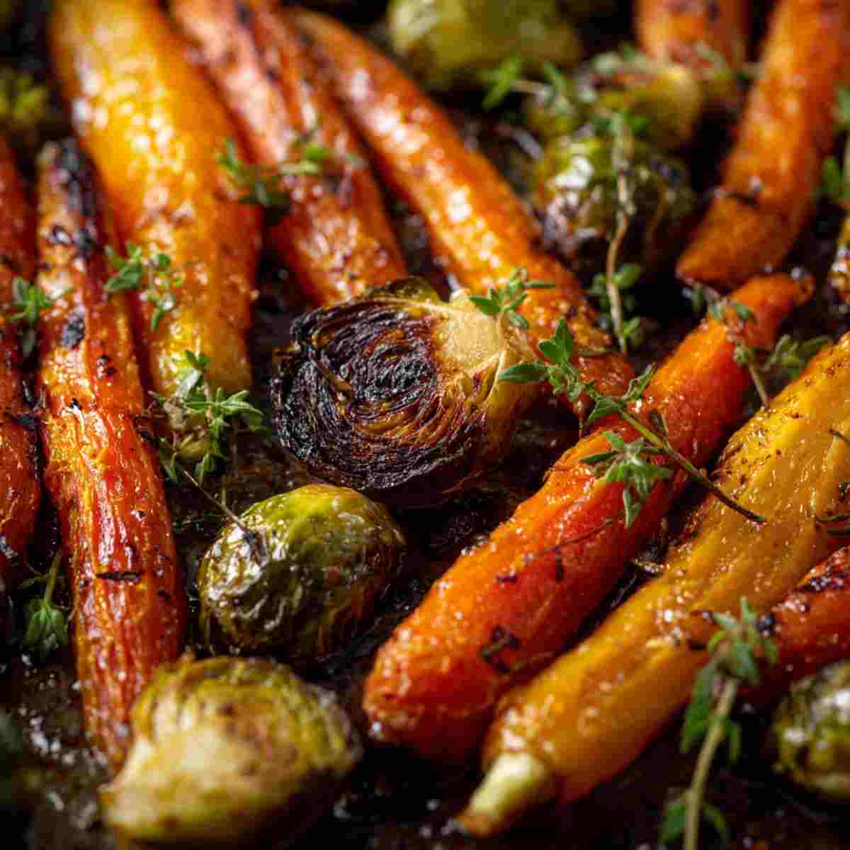 Close-up of roasted carrots and brussels sprouts with crisp edges and maple Dijon glaze