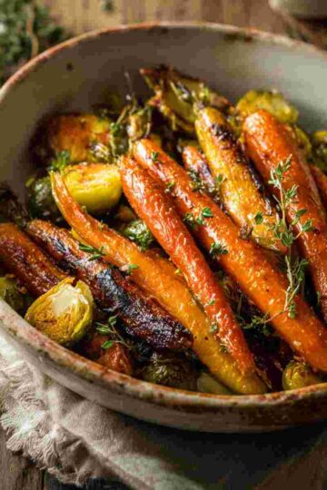 Roasted carrots and brussels sprouts with maple Dijon glaze in a rustic serving dish
