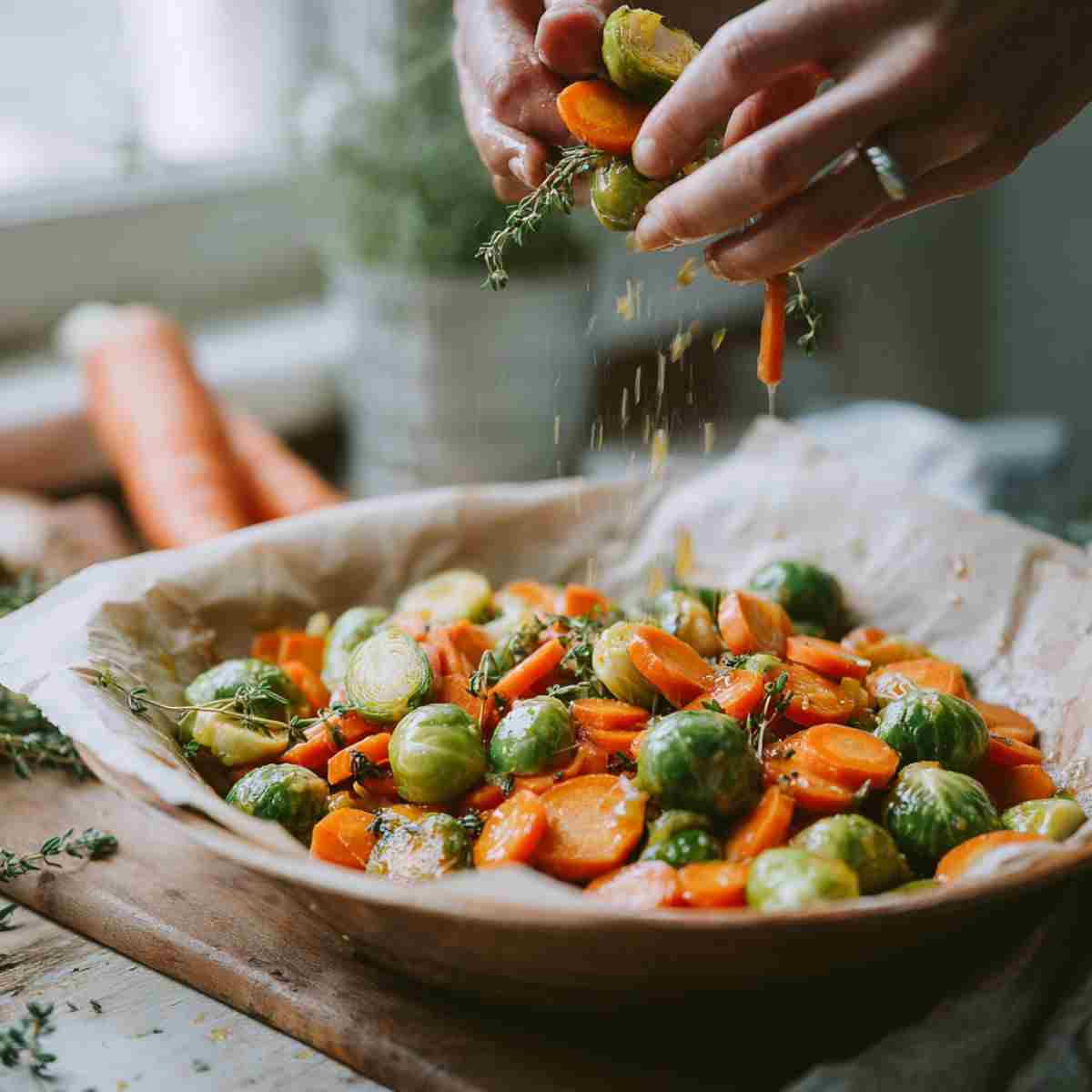 Roasted carrots and brussels sprouts tossed in maple Dijon glaze before roasting
