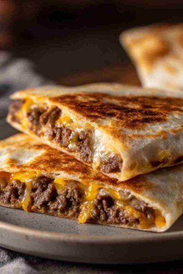 Smash burger quesadilla with crispy tortilla and melted cheese