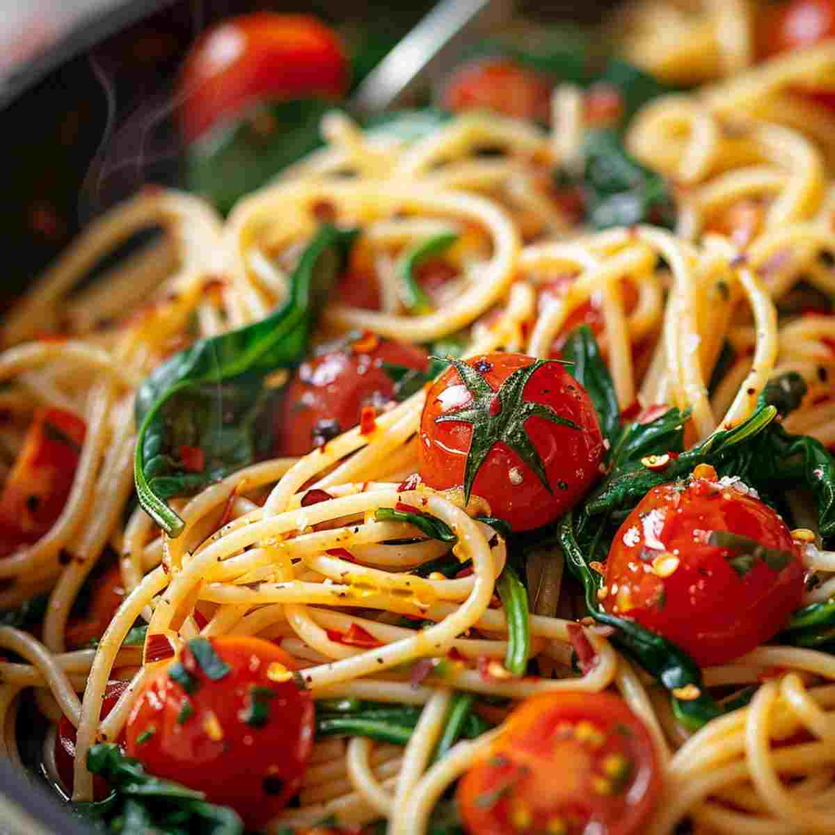 Spinach tomato vegan pasta cooking in a skillet with garlic tomatoes and wilted spinach