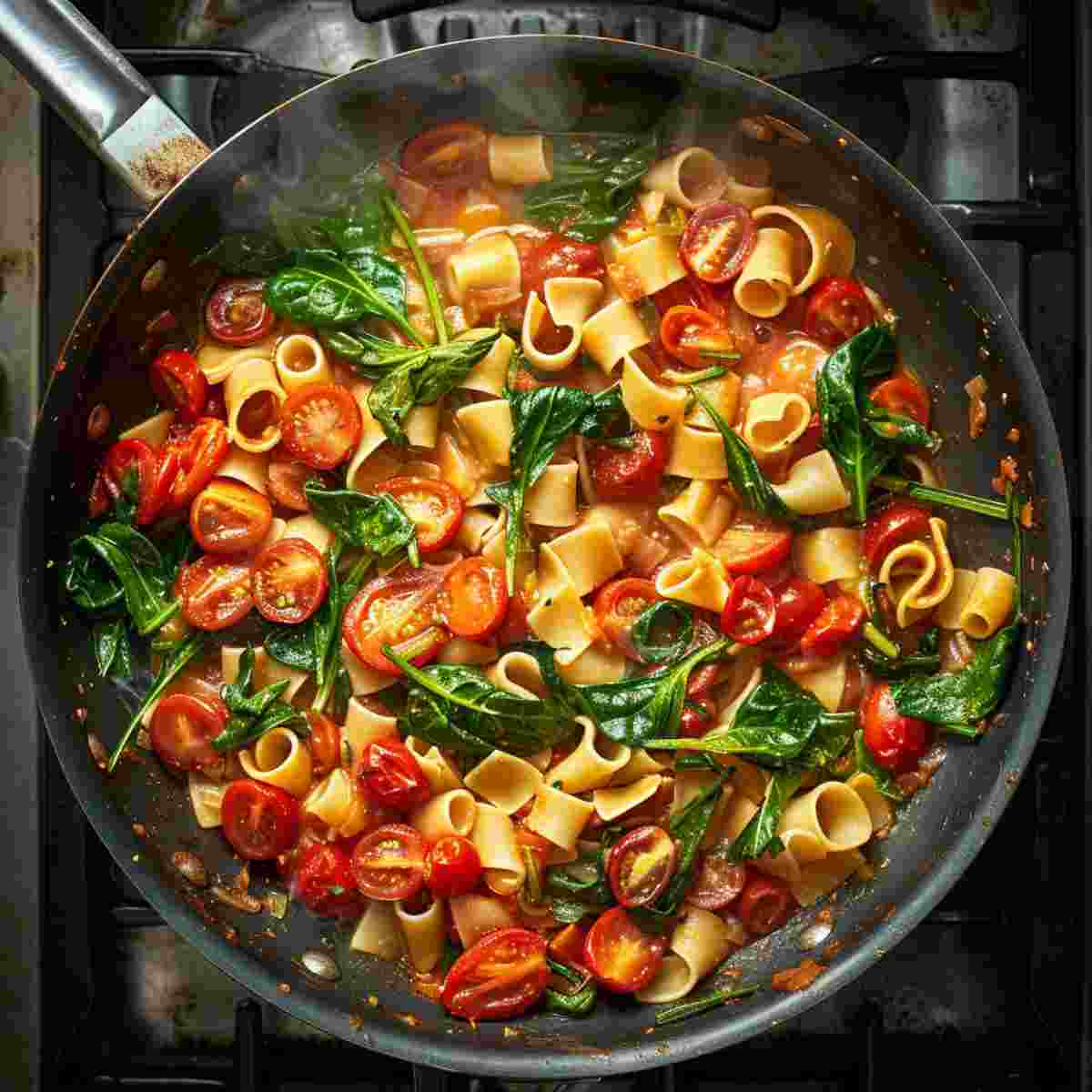 Spinach tomato vegan pasta cooking in a skillet with garlic tomatoes and wilted spinach
