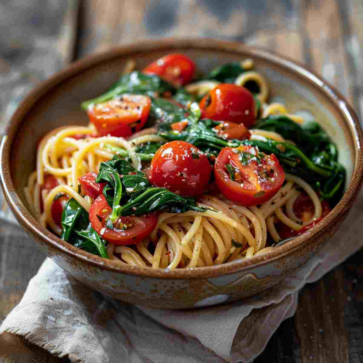 Spinach tomato vegan pasta served in a bowl with cherry tomatoes and fresh spinach
