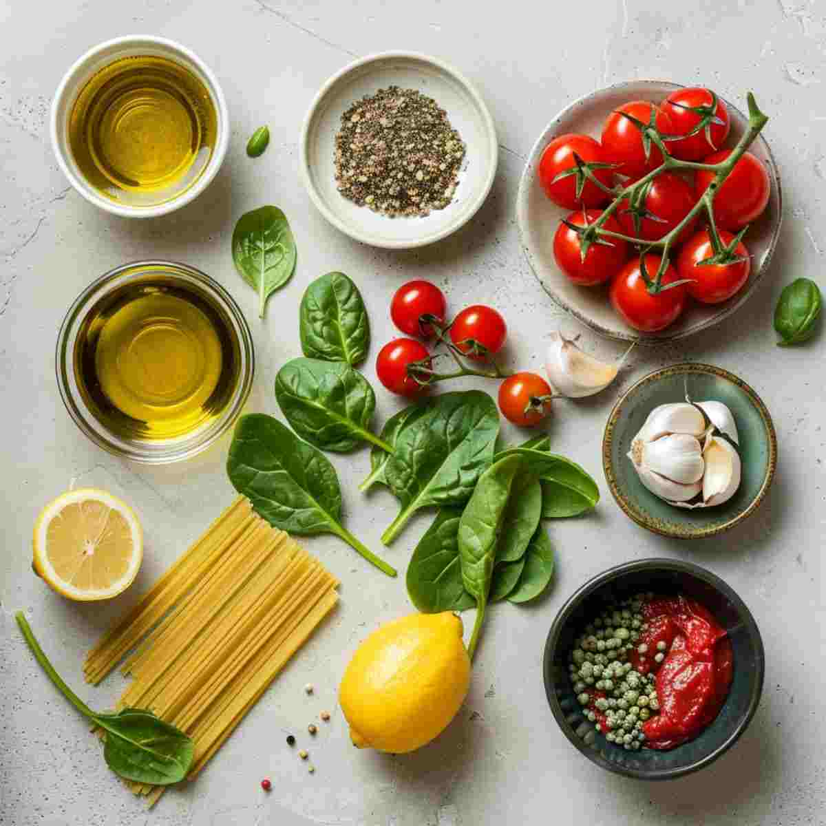 Ingredients for spinach tomato vegan pasta including spaghetti spinach cherry tomatoes garlic and onion