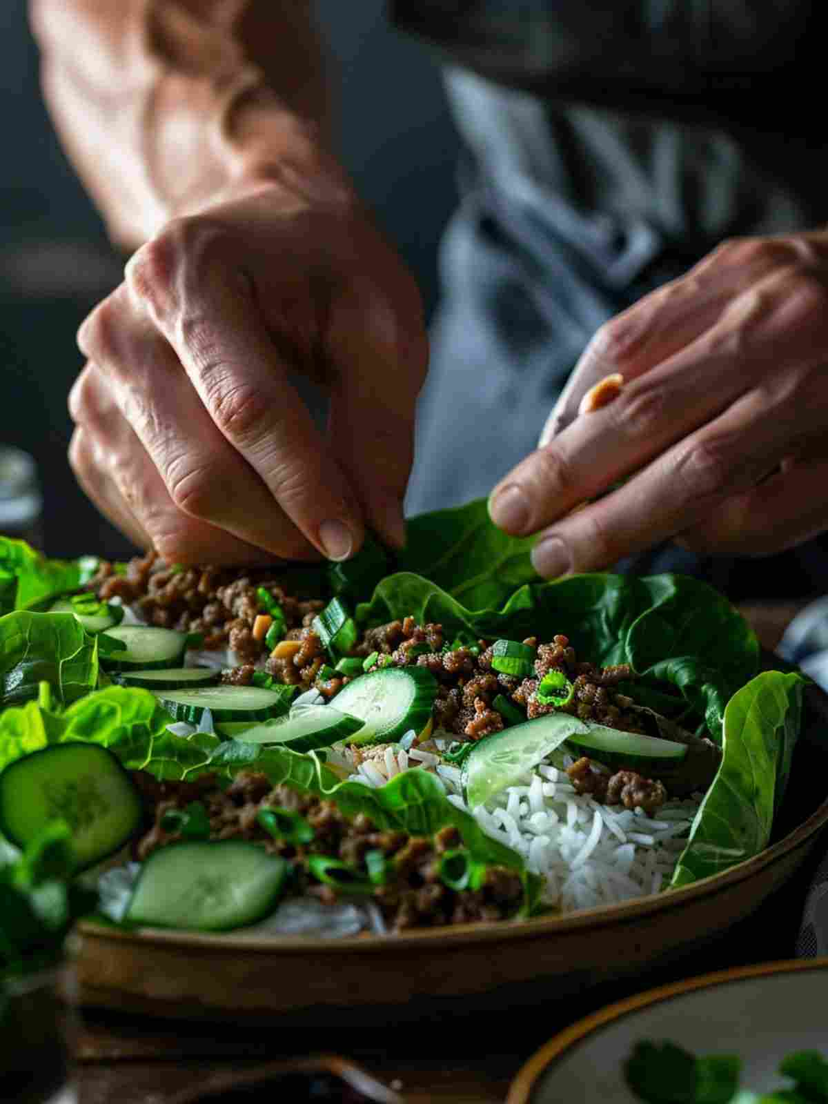 Thai basil beef rolls being assembled in lettuce leaves with beef filling basil and cucumber