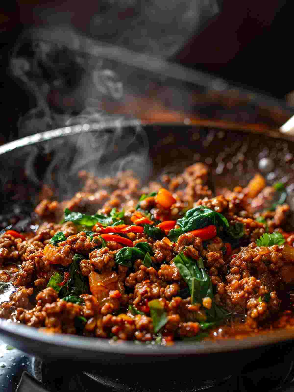Thai basil beef rolls filling cooking in a skillet with ground beef garlic chili and basil