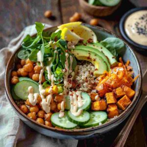 Vegan Buddha bowl with quinoa, roasted chickpeas, sweet potato, avocado, fresh vegetables, and tahini dressing