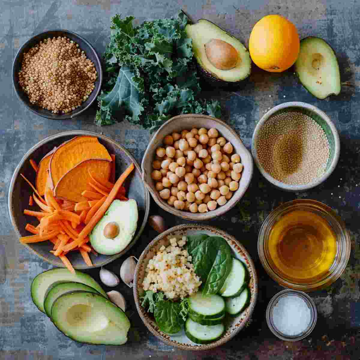 Ingredients for a vegan Buddha bowl including quinoa, chickpeas, sweet potato, avocado, greens, cucumber, carrot, tahini, and lemon