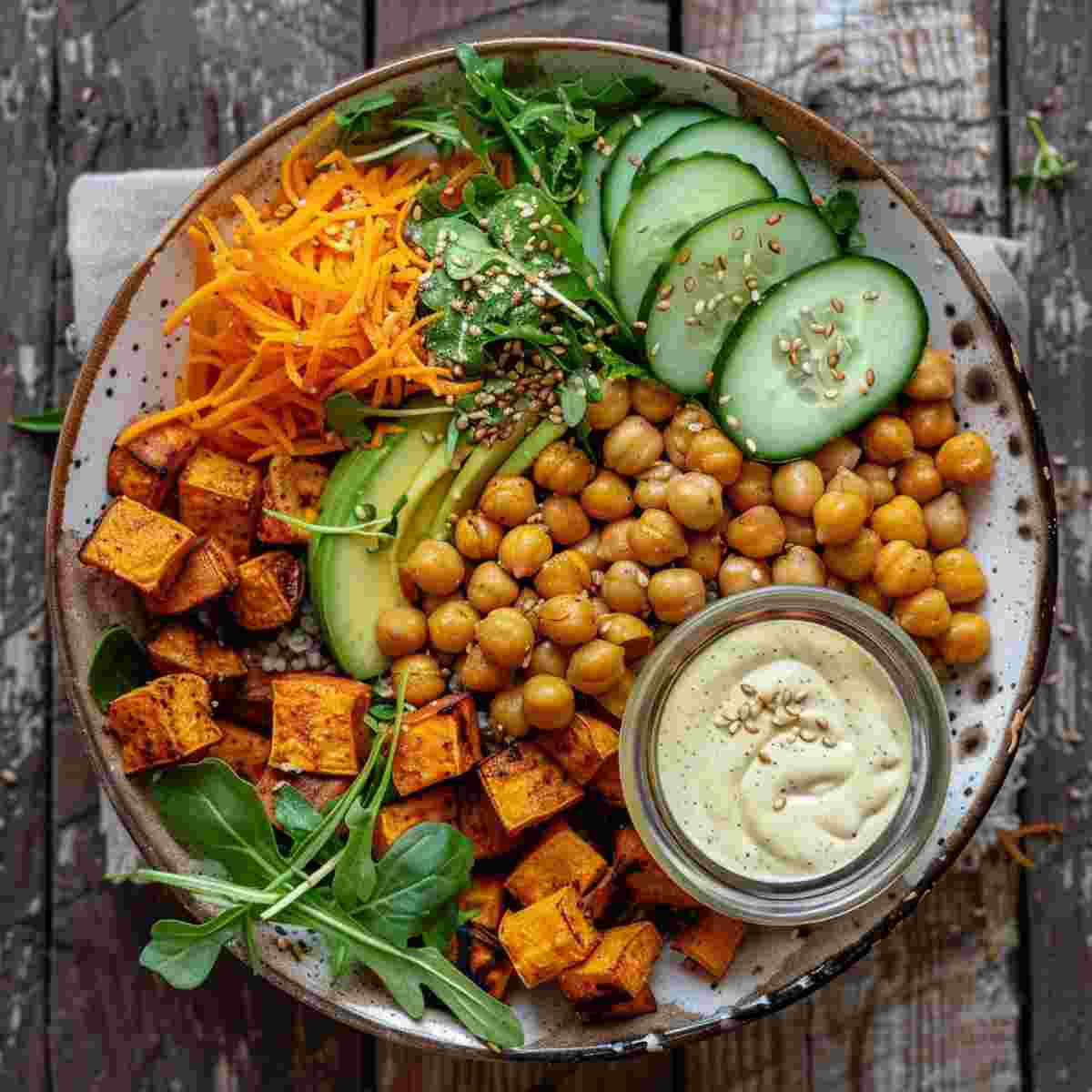 Vegan Buddha bowl meal prep with quinoa, roasted vegetables, chickpeas, avocado, and fresh toppings