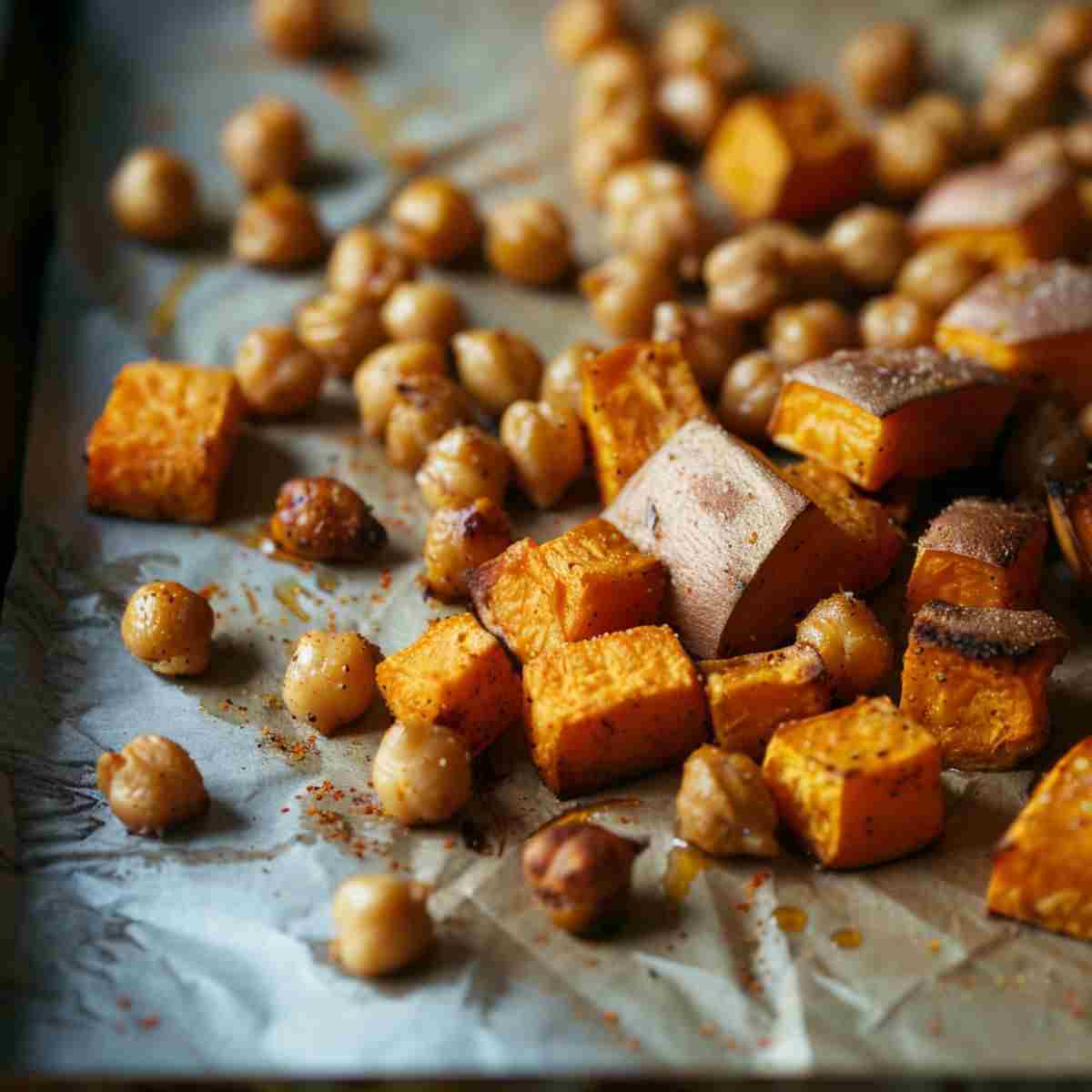 Roasted chickpeas and sweet potato for a vegan Buddha bowl on a sheet pan