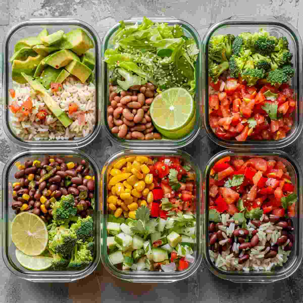 Vegan burrito bowl meal prep with rice and bean mixture stored separately from fresh toppings