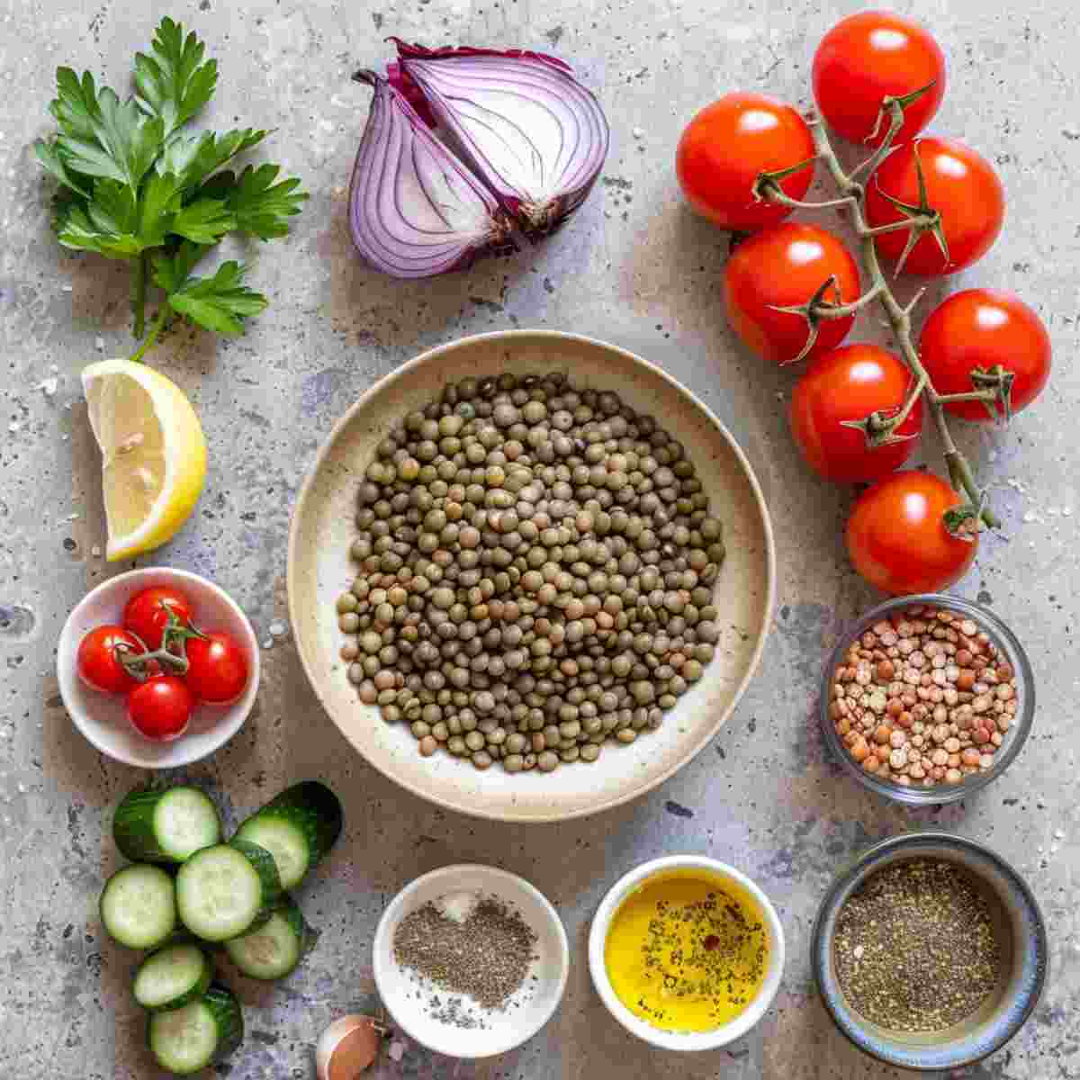 Mixing vegan lentil salad with cooked lentils, chopped vegetables, parsley, and lemon dressing