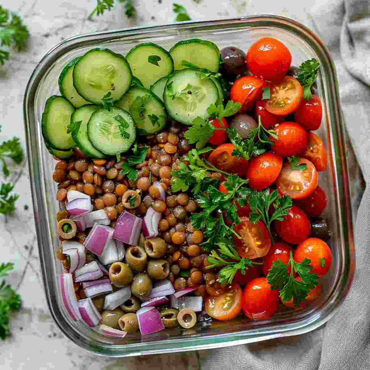 Vegan lentil salad meal prep in a container for an easy lunch