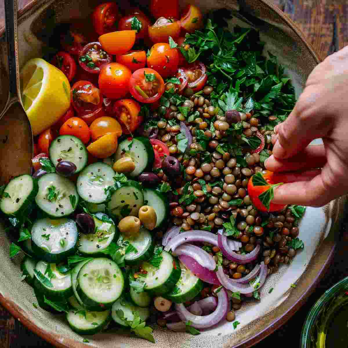 Vegan lentil salad meal prep in a container for an easy lunch