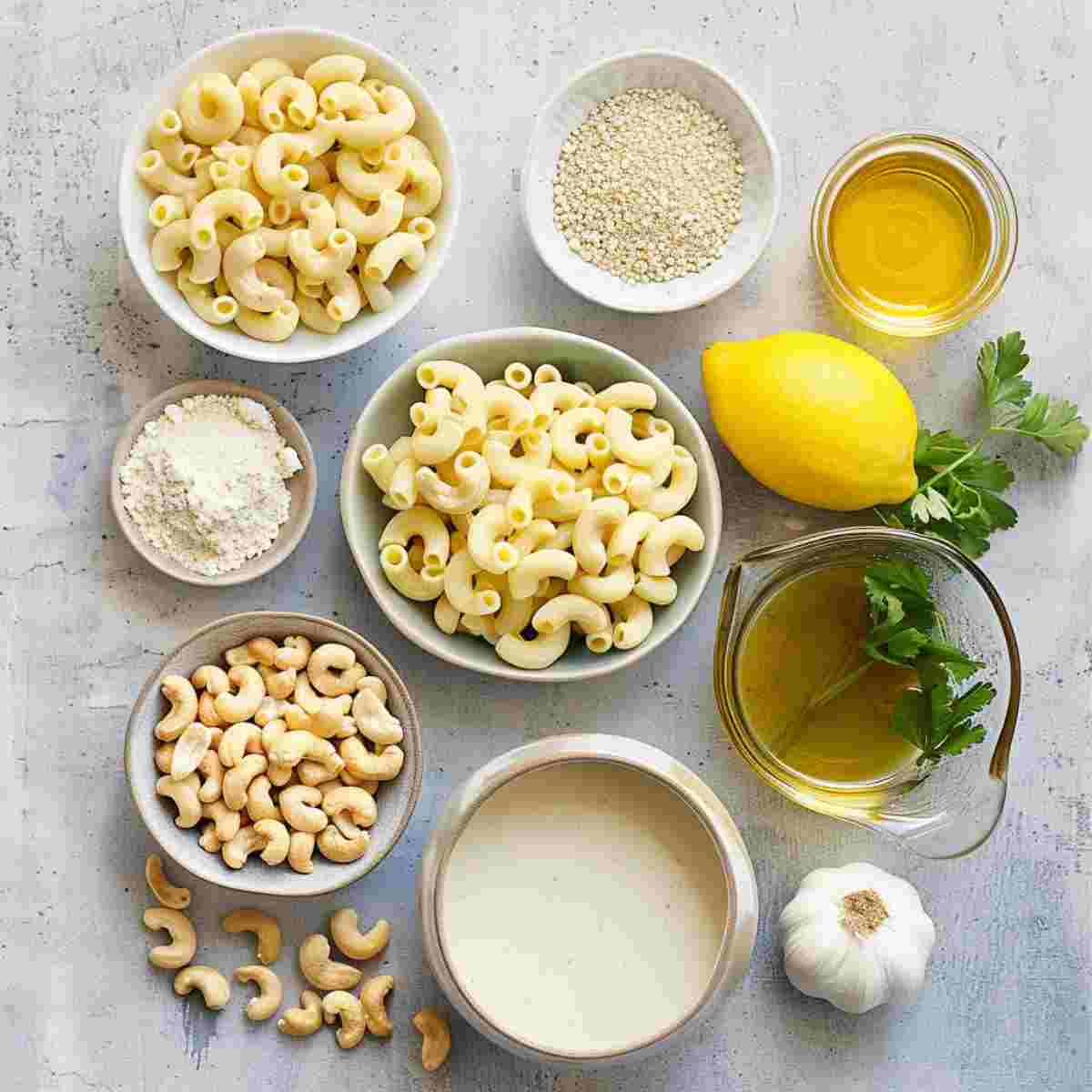Ingredients for vegan mac and cheese with macaroni, cashews, soy milk, and nutritional yeast