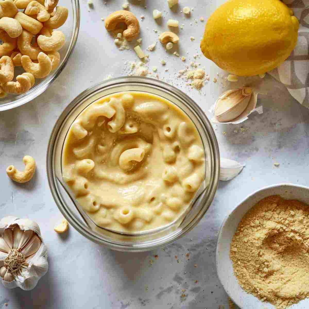 Vegan mac and cheese sauce blended until smooth with cashews and nutritional yeast