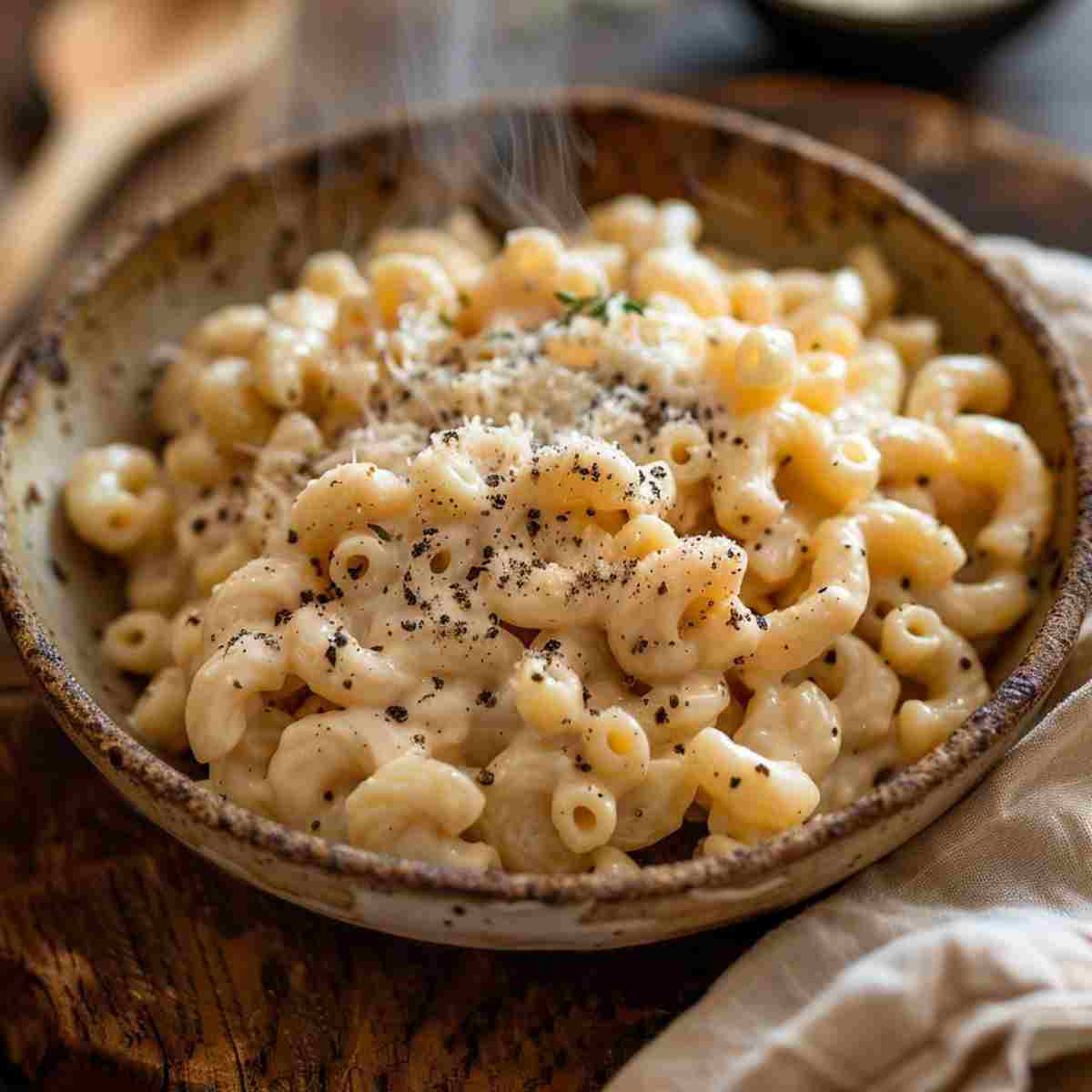 Vegan mac and cheese served hot with creamy sauce and black pepper