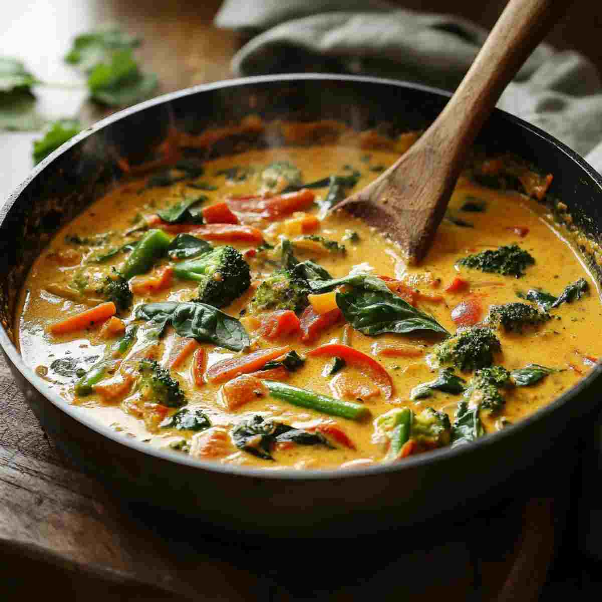 Vegetable coconut curry cooking in a skillet with colorful vegetables in creamy sauce