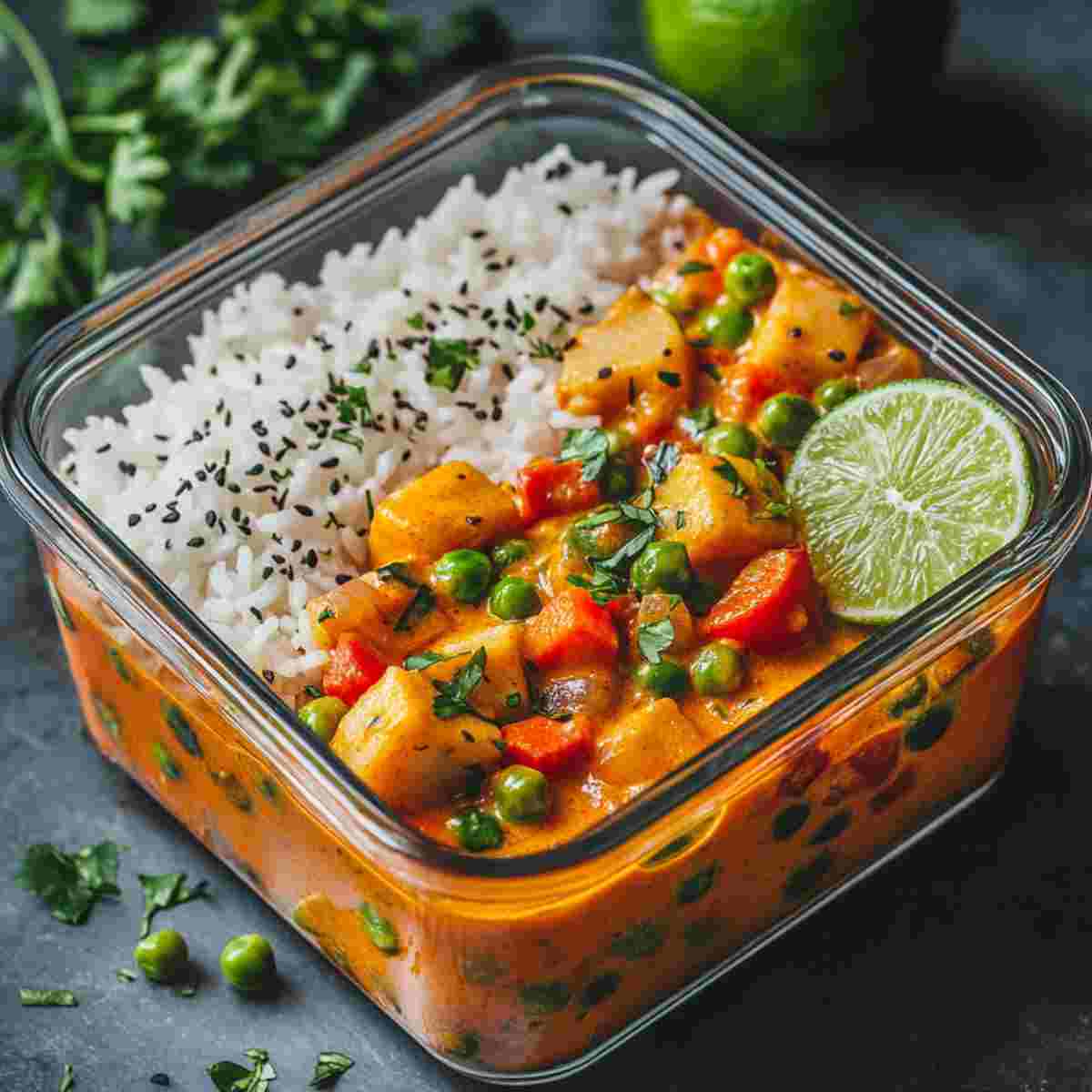 Vegetable coconut curry stored for meal prep in a container with rice