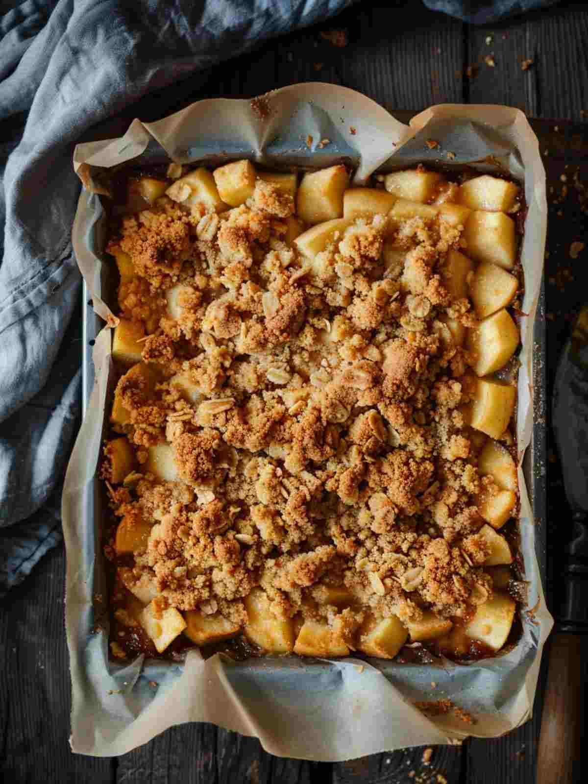 Freshly baked apple cinnamon cheesecake crumble in an 8x8 pan with golden crumble topping