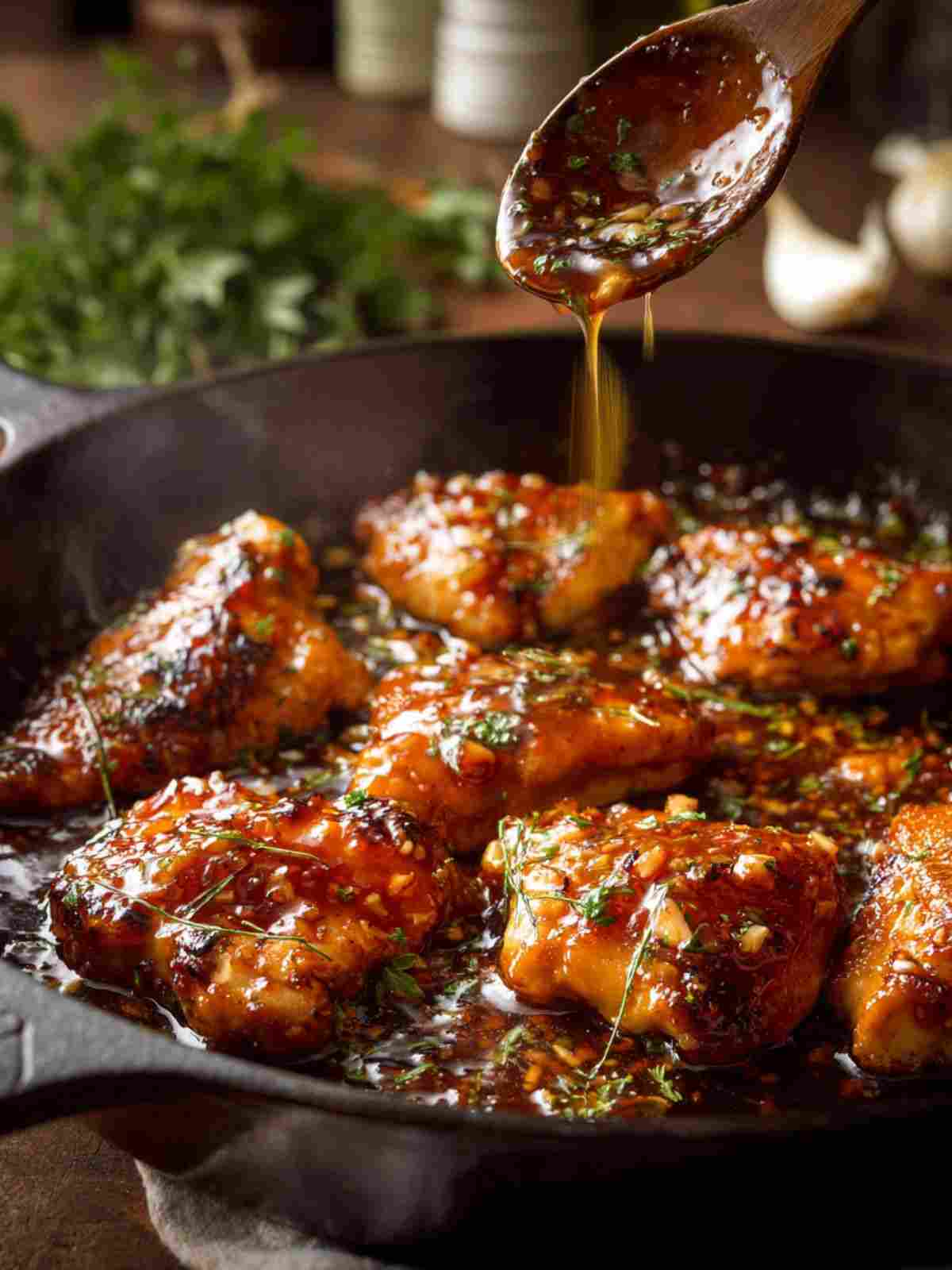 Chicken simmering in apricot glaze in a skillet with garlic and herbs