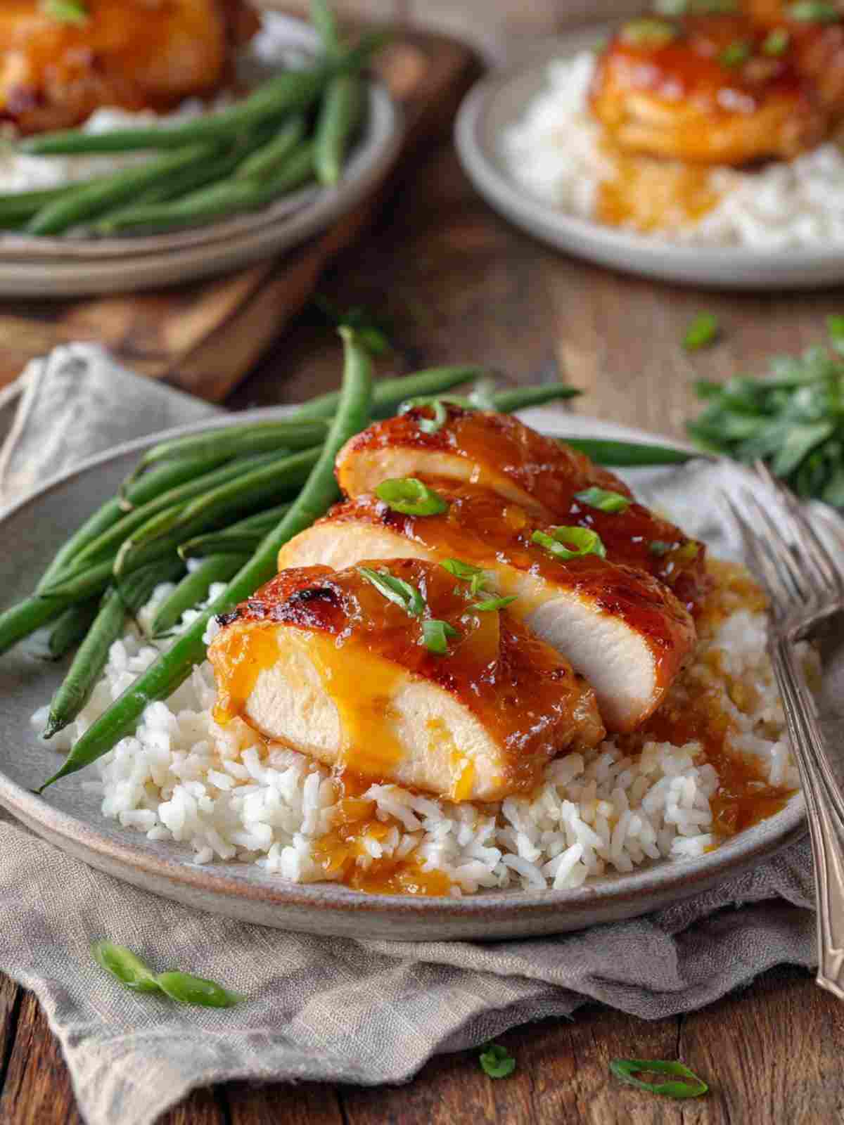 Plated apricot chicken served over rice with green beans and extra glaze
