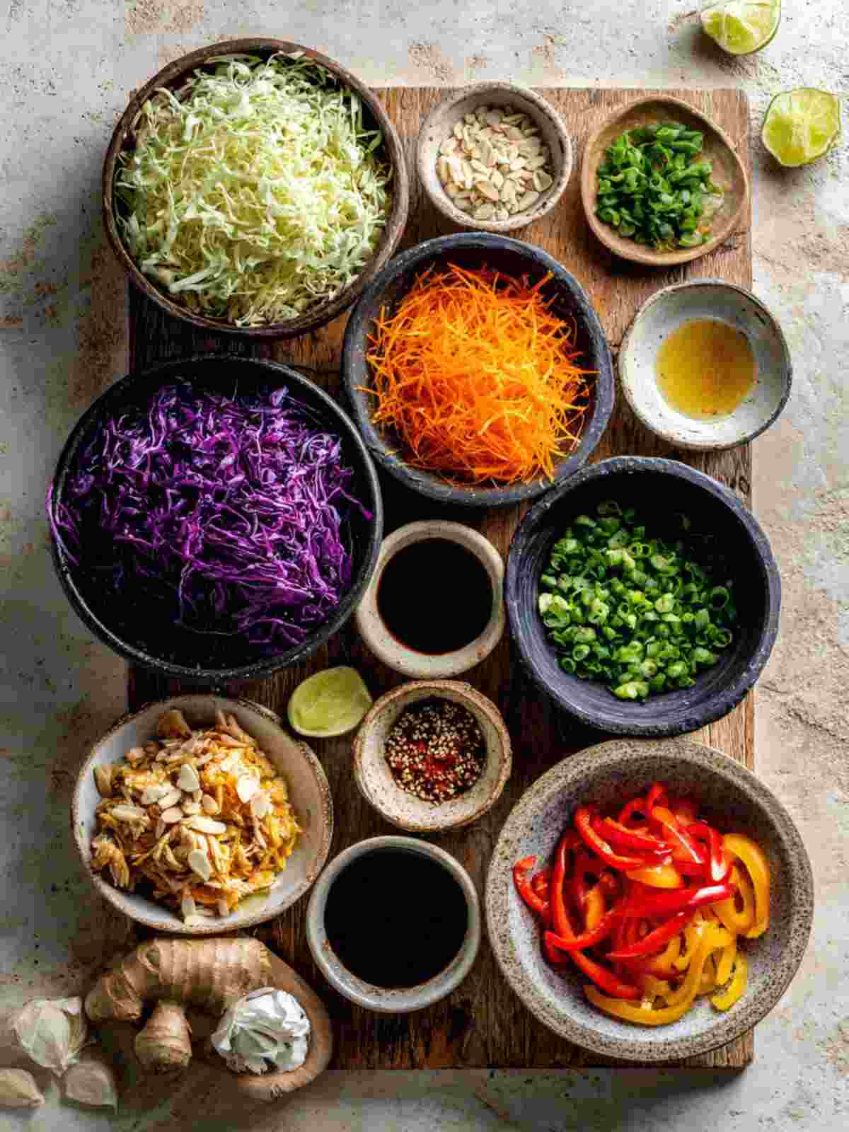 Ingredients for Asian chicken crunch salad arranged on a kitchen surface